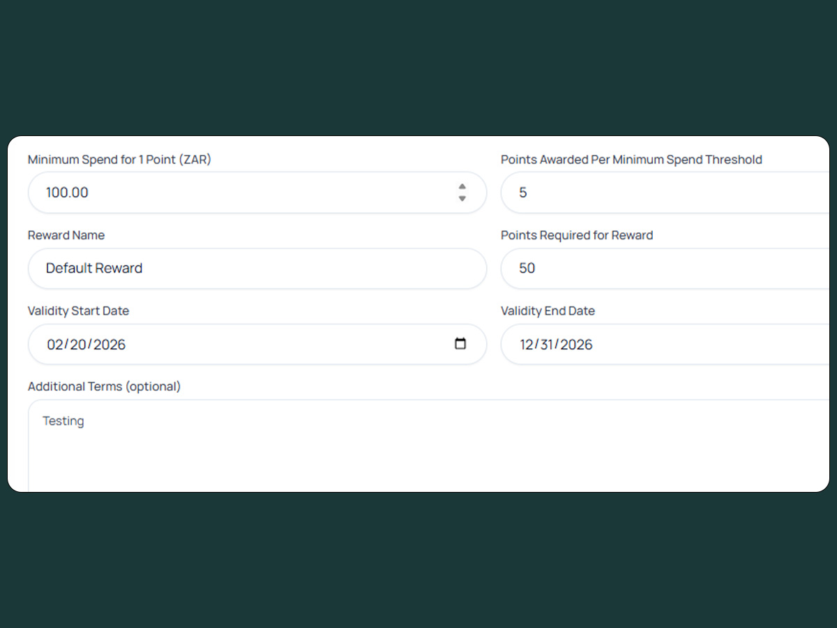 Reward setup form in SME Loyalty