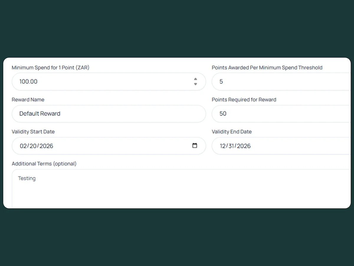 Reward setup form in SME Loyalty